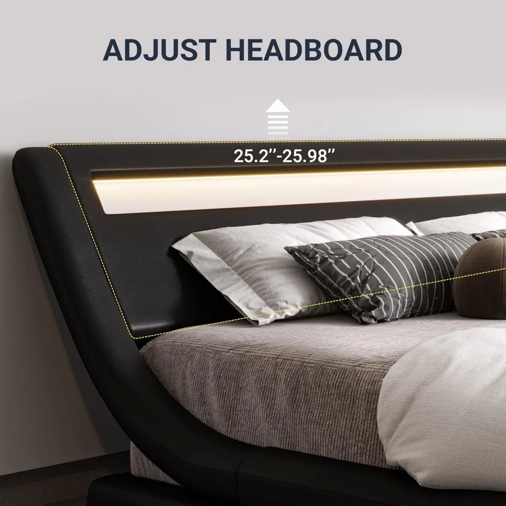 Full Size LED Platform Bed Frame with Adjustable Headboard, No Box Spring Required, Easy Assembly, Faux Leather in Black