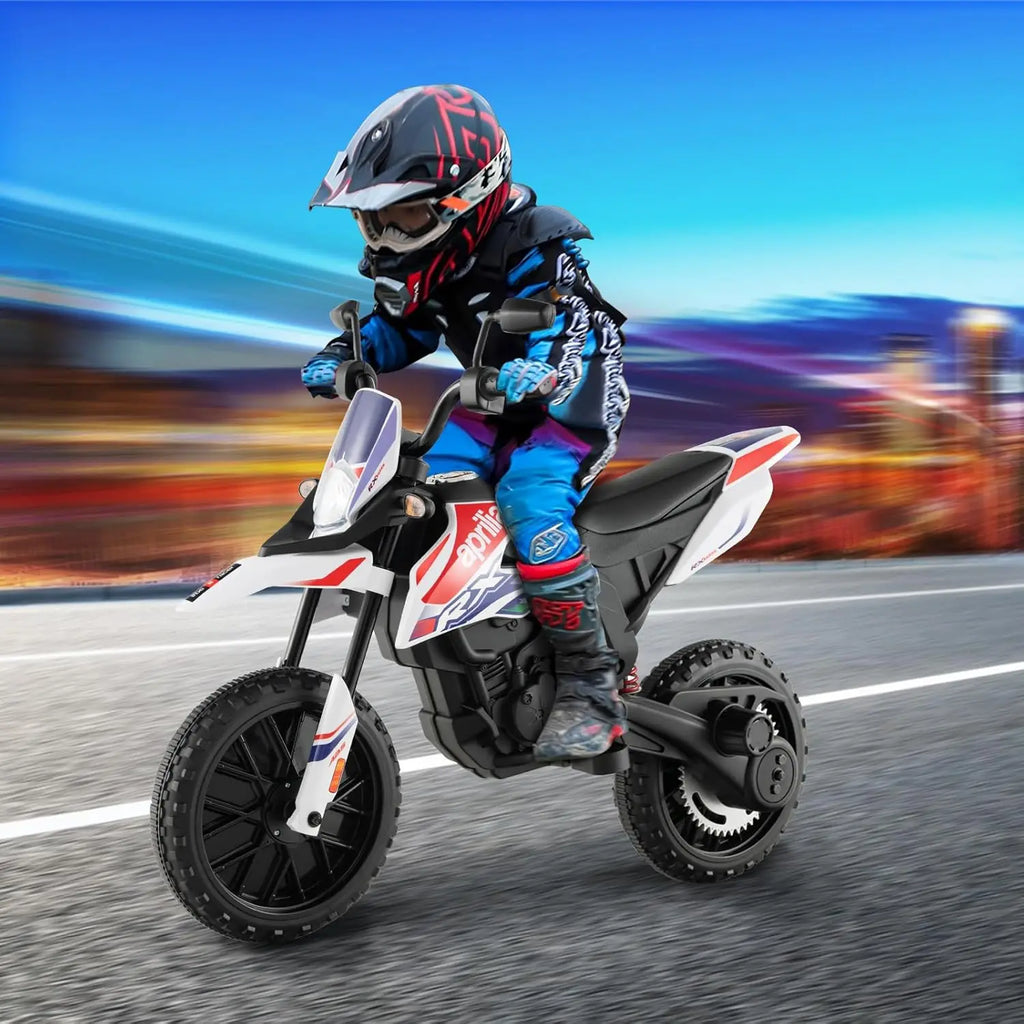 Kids Electric Dirt Bike, Aprilia RX125 Licensed 12V Ride-on with Training Wheels, Suspension, Bluetooth & Lights