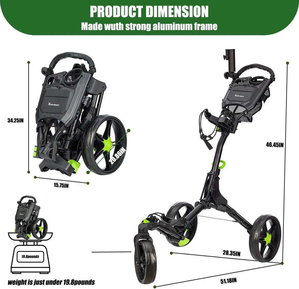XDriveMax Golf Push Cart 3-Wheel With Umbrella Stand, Swivel Front Wheel Designed For Golf Clubs And Bags Enhanced Storage