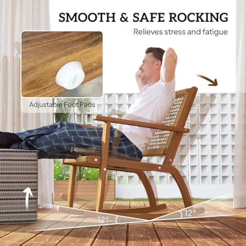 Outdoor Rocking Chair Set of 2, Acacia Wood Outdoor Rockers with Armrests, Rattan Wicker Back and Seat, Patio Wooden Ro