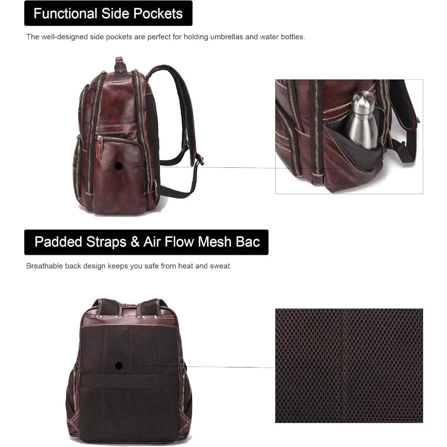 Vintage Full Grain Leather Backpack For Men 17.3'' Laptop Bag Causal Rucksack Shoulder Bag Overnight For Business/Hiking/Travel
