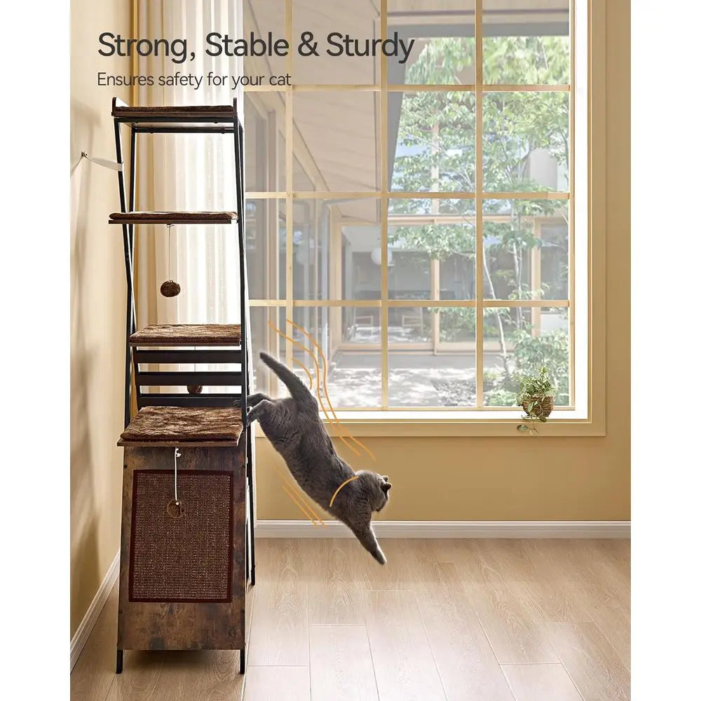 Indoor 72.4 Multi-Level Cat Tree with Caves, Scratching Board, Large Perch, Removable Pads, Rustic Brown