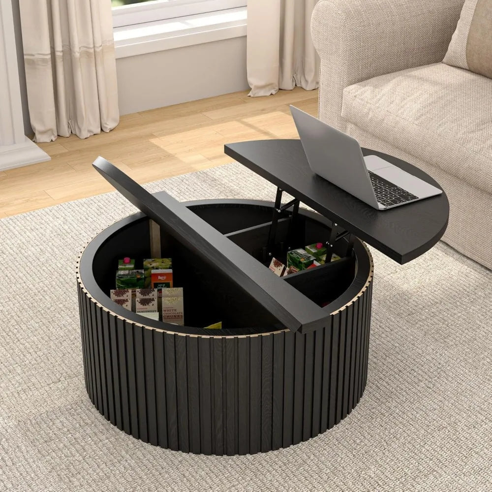 Contemporary 31.6 Inch Lift Top Coffee Table with Concealed Storage, Circular Wooden Fluted Center Table for Living Spaces