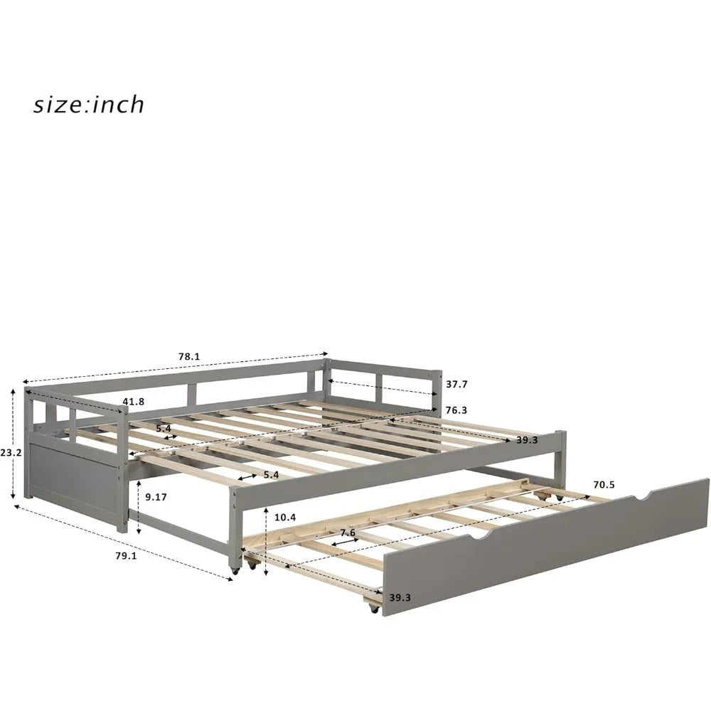 extendable daybed with trundle beds, wood daybed frame with pull out trundle, twin to king design extending daybed for kids girl