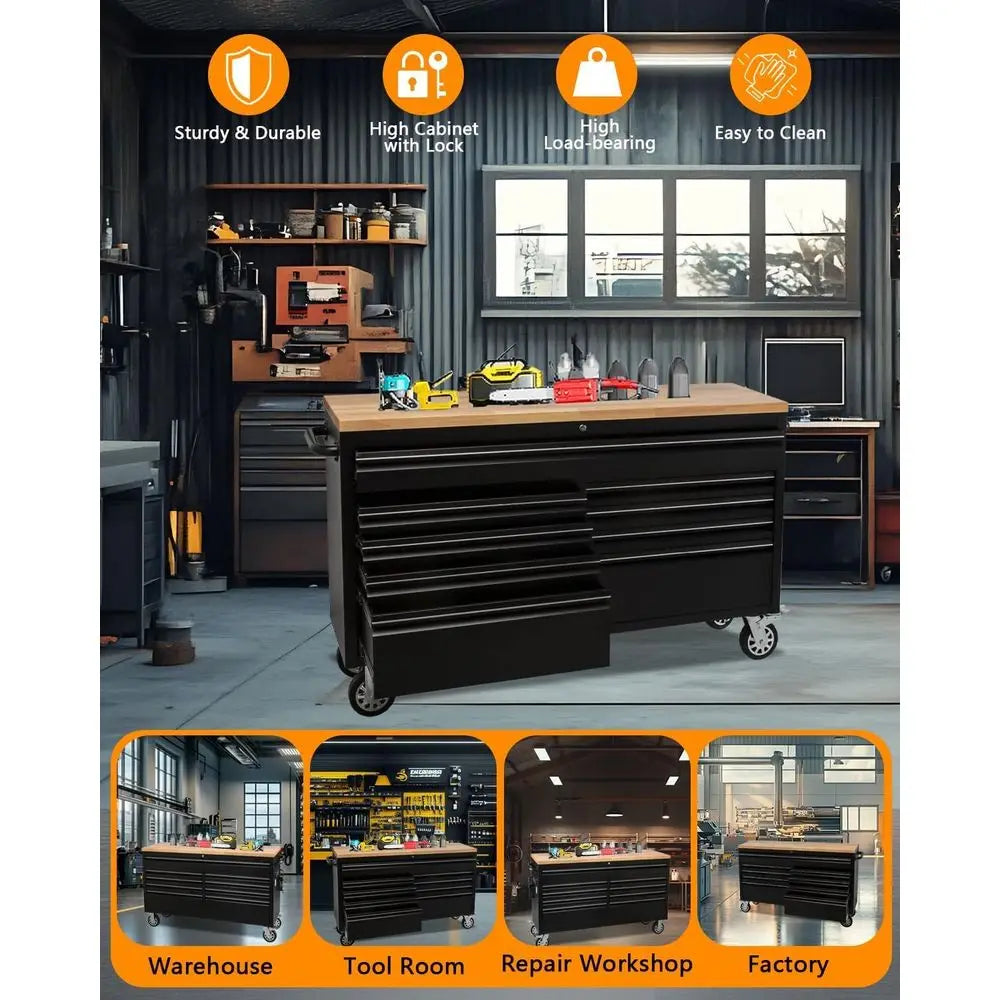 61 Rolling Tool Chest with 9 Drawers, Lockable Metal Cabinet for Workshops and Garages, Black