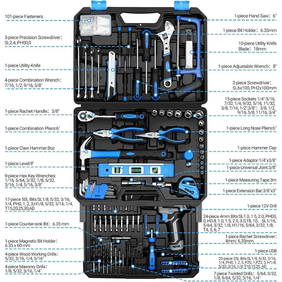Set Tool Kit with 12V Cordless Drill, Hand Toolbox with storage case, Mechanic Tool set for Home Repairs, Blue