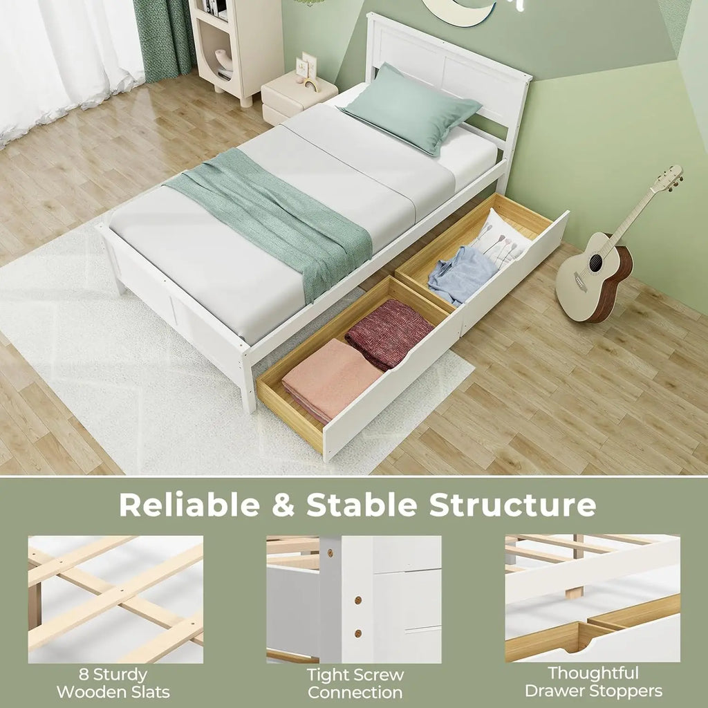 Wood Twin Bed with 2 Storage Drawers, Solid Wood Platform Bed with Headboard, Wooden Slats Support Mattress, Customized