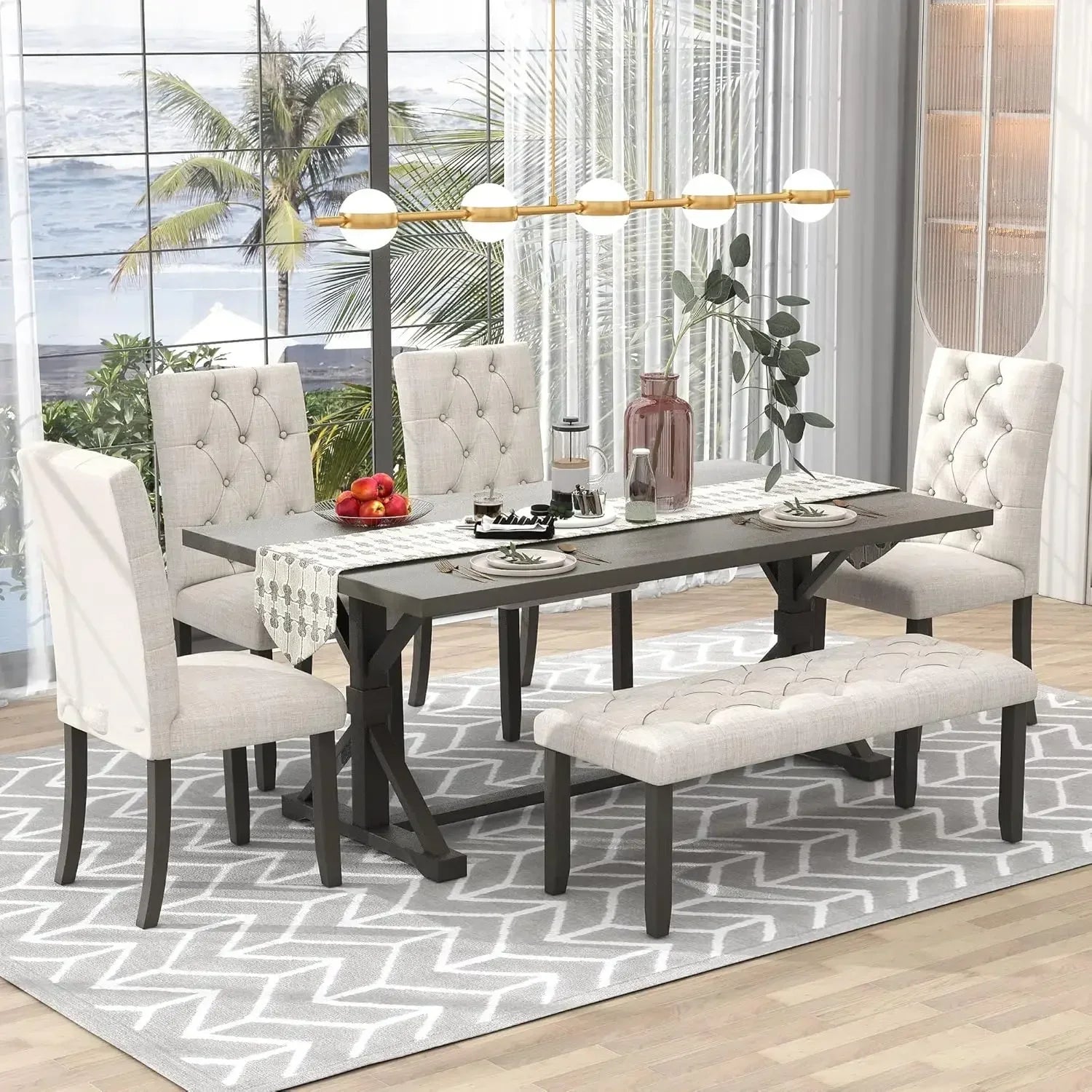 （XMSJ-Hot）6 Piece Kitchen Dining Table Set, 72 inch Wooden Rectangular Table with 4 Upholstered Chairs and a Bench, Dining Room