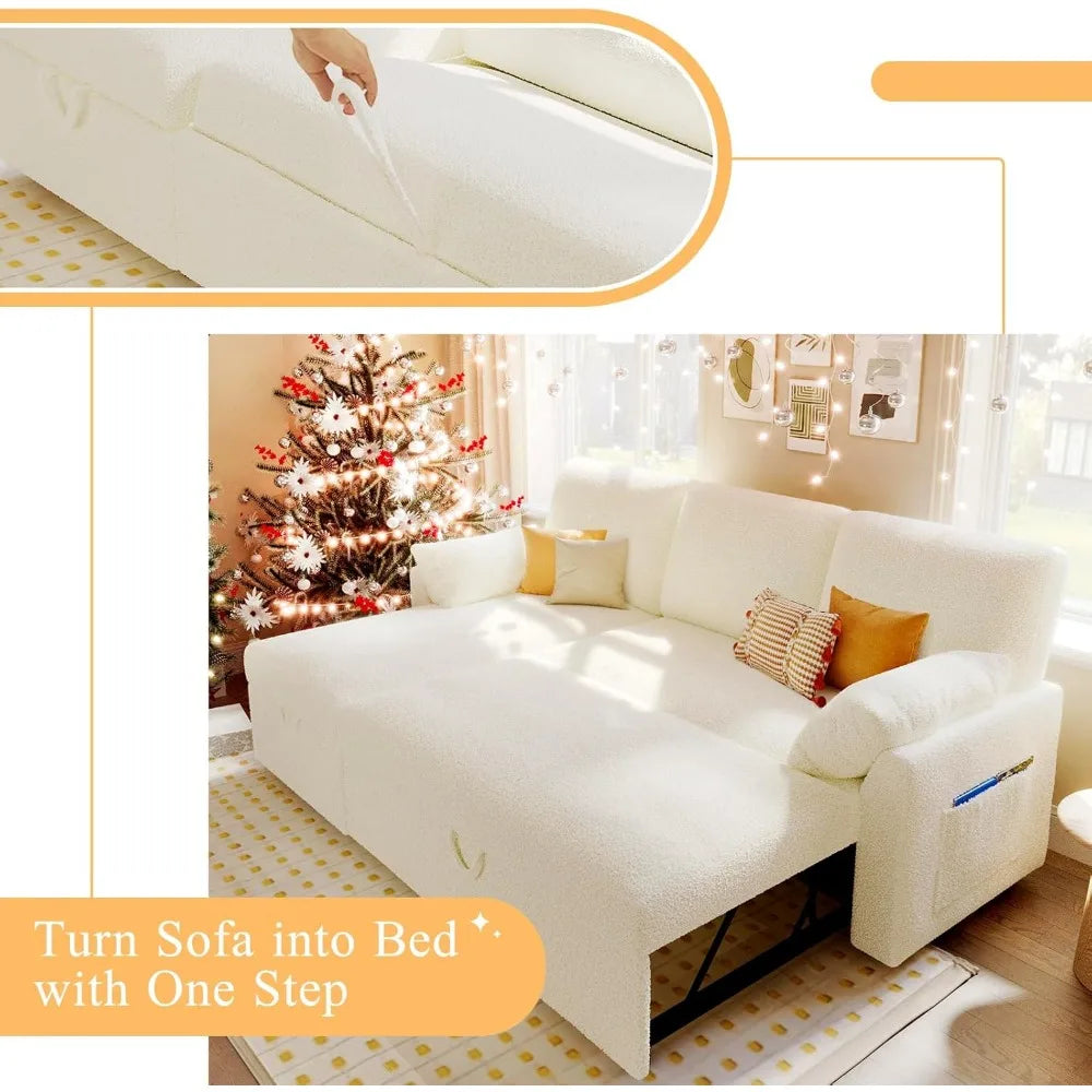 2-in-1 Convertible Sofa Bed with Storage Chaise, White Sherpa Fabric, 84 x 59 x 39 for Living Room