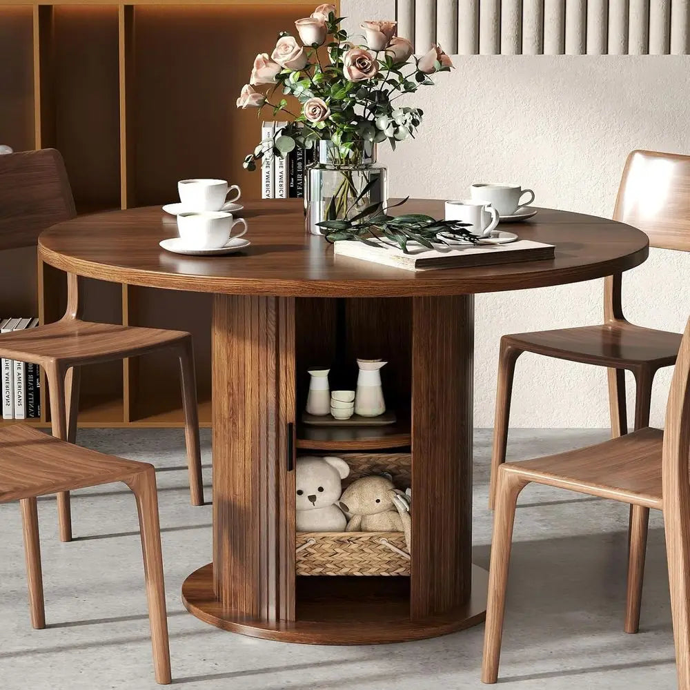 47 Circular Farmhouse Dining Table, Dark Brown, Seats 4-6, Storage Space, Suitable for Kitchen & Living Room