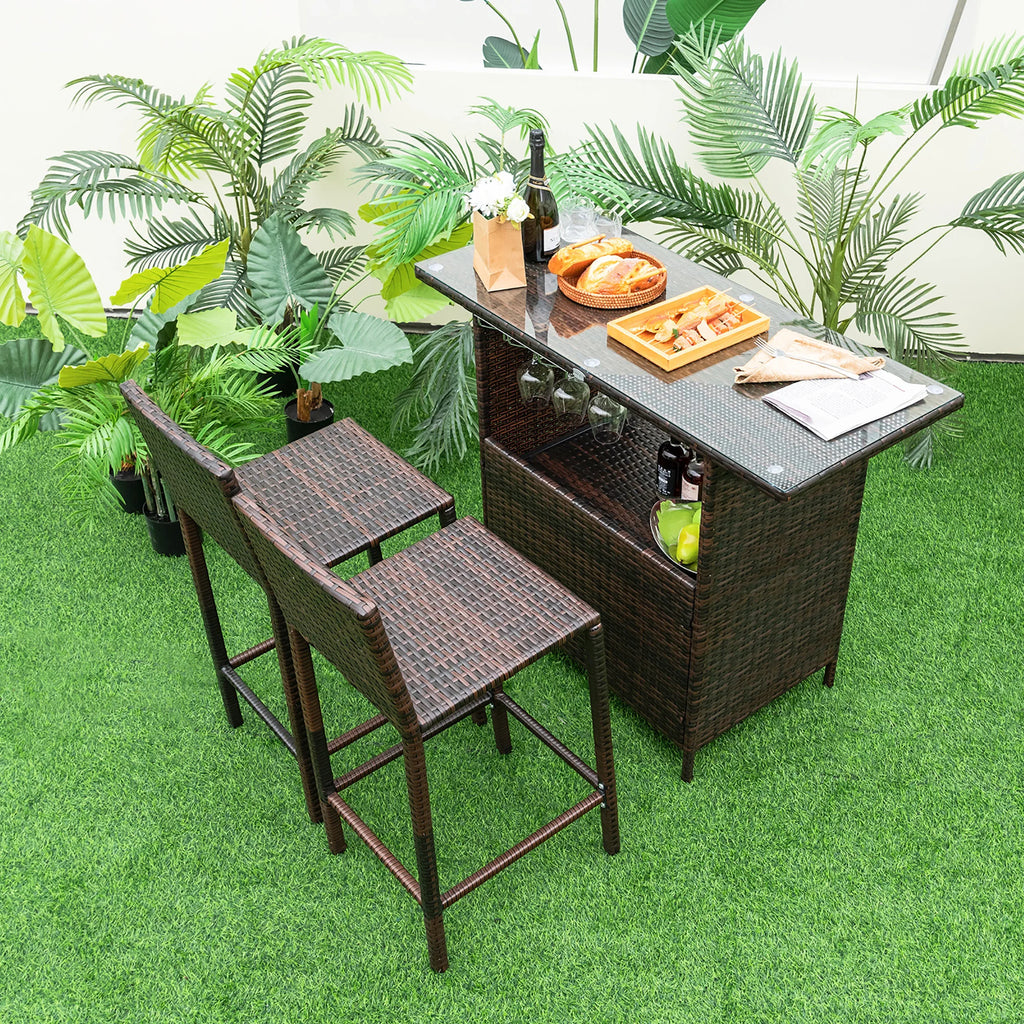 Patio 3PCS Wicker Bar Set Height Table Two Stools with 3 Rows Stemware Racks Garden