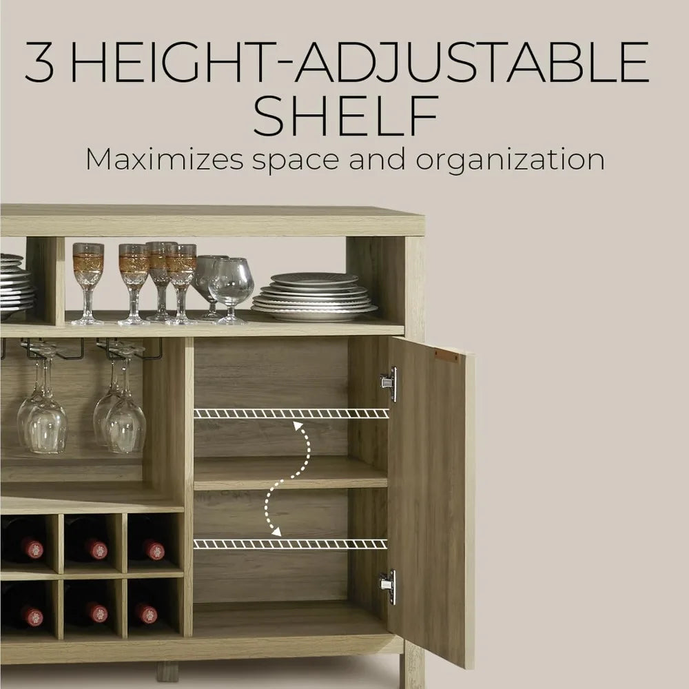 Fluted Bar Cabinet for Liquor, 51 Wide Modern Coffee Bar Sideboard with Glass Rack Adjustable Shelves, Farmhouse Buffet