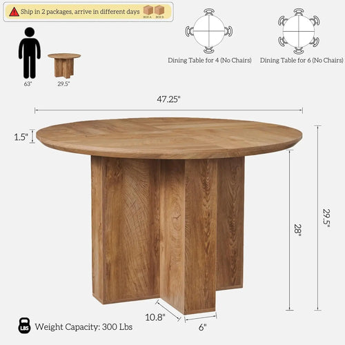 47' Round Dining Table for 4-6 People, Thick Wood Kitchen Table with Sturdy Base & Curved Edge, Modern Circle Dinner