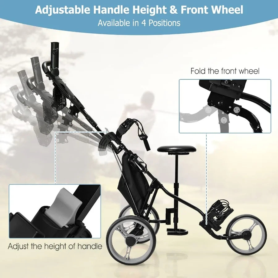Golf Push Pull Cart with Seat Lightweight Foldable Collapsible 3 Wheels Push Cart Golf Trolley with Foot Brake Adjustable Umbre