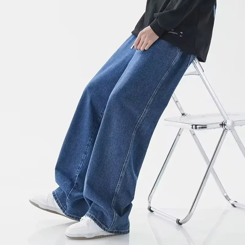2023 New Streetwear Loose Jeans Men Korean Style Fashion Loose Straight Wide Leg Pants Men's Brand Clothing Black Light Blue