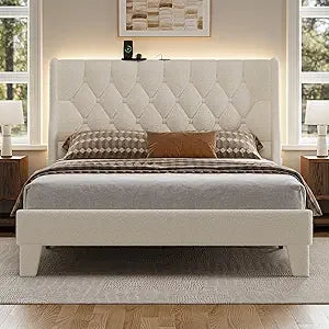 Full Size Bed Frame with Headboard, White Platform Bed Frame with Type-C and USB Ports, Wingback Bedframe with Headboard and Sto
