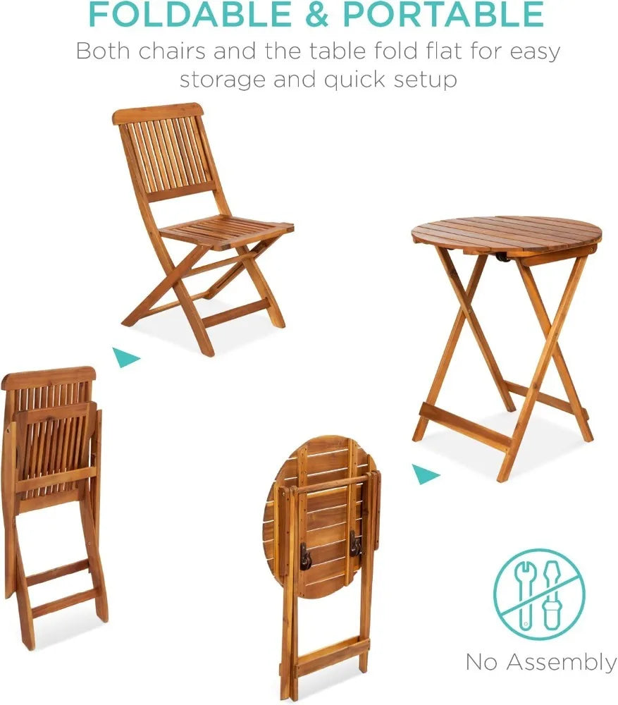 Products 3-Piece Acacia Wood Bistro Set, Folding Patio Furniture for Backyard, Balcony, Deck w/ 2 Chairs, Round Coffee Table,