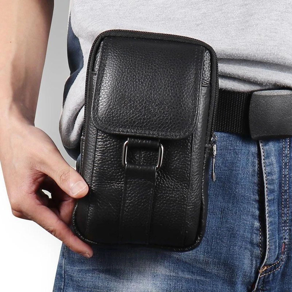 Portable Belt Pouch Purse Cowhide Leather Fanny Pack Waist Bag Fashion Simple Multi-pockets Casual for Outdoor Sport
