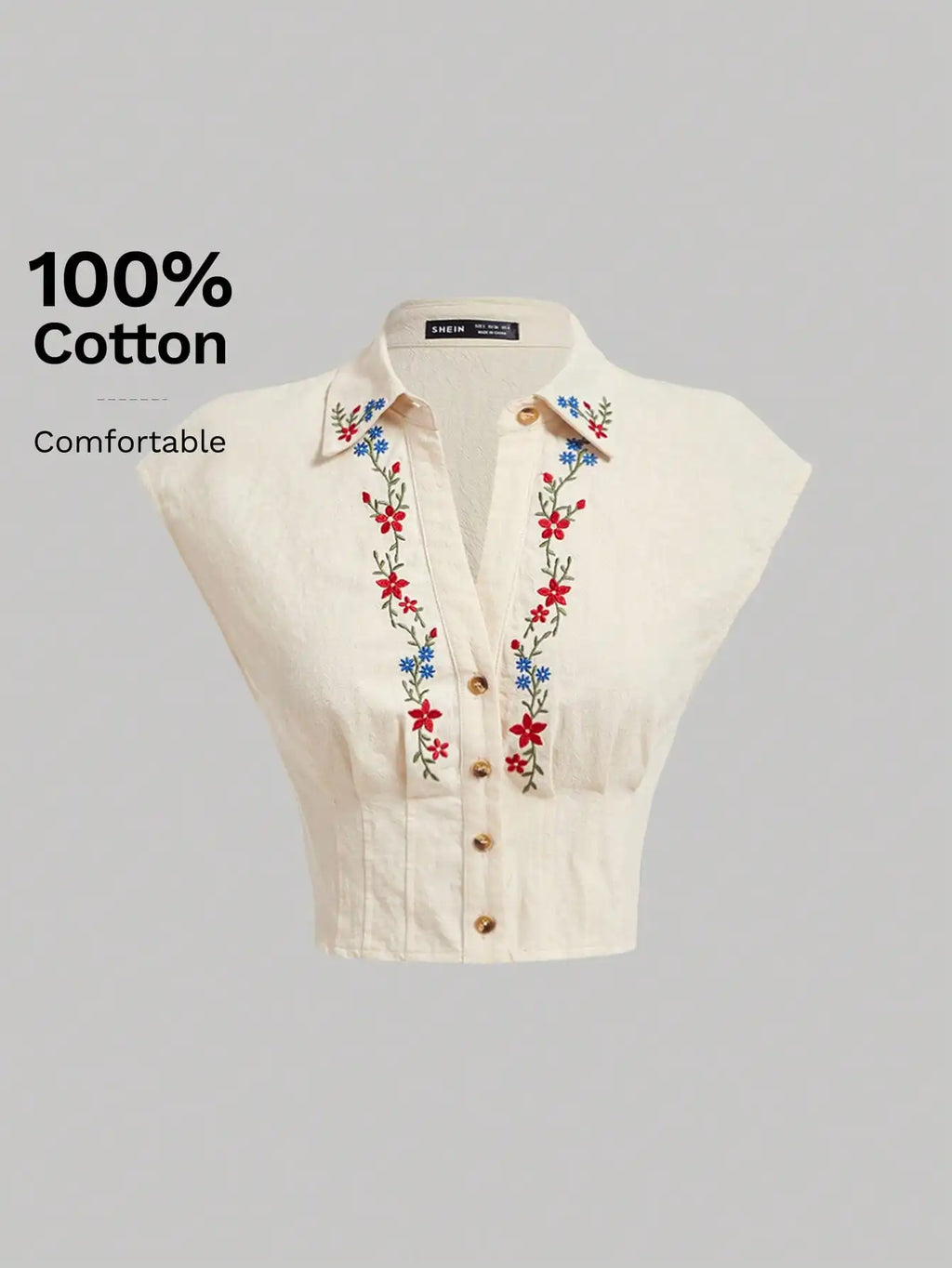 Floral Embroidered Crop Shirt for Women, Short Sleeve Button Down Top, Casual Summer Blouse
