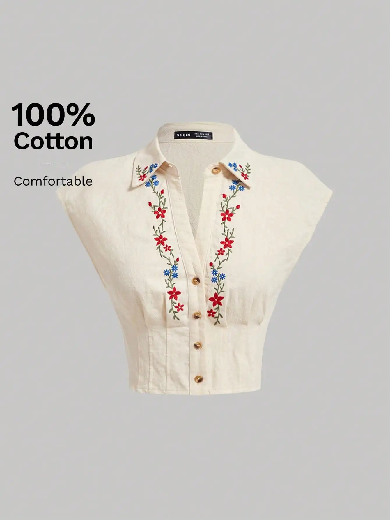 Floral Embroidered Crop Shirt for Women, Short Sleeve Button Down Top, Casual Summer Blouse