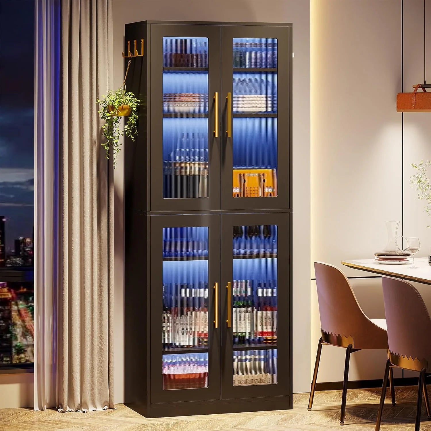 Bookcase with Doors and LED Light, 67-inch Tall Bookshelf with 8-Tier Shelves for Living Room, Bathroom, Office, Kitchen