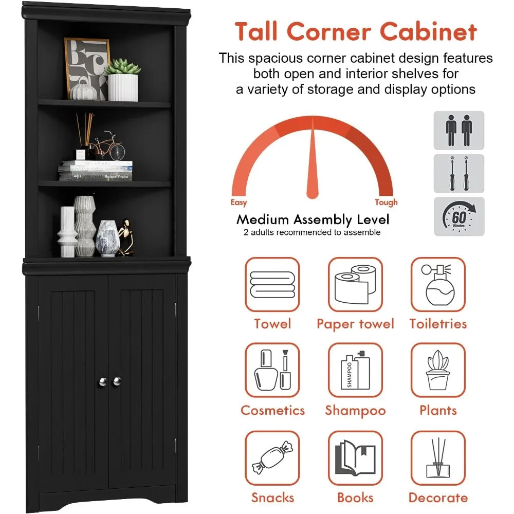 Corner Storage Cabinet with Doors, Adjustable Shelves for Living Room, Bathroom, Kitchen - Dark Black