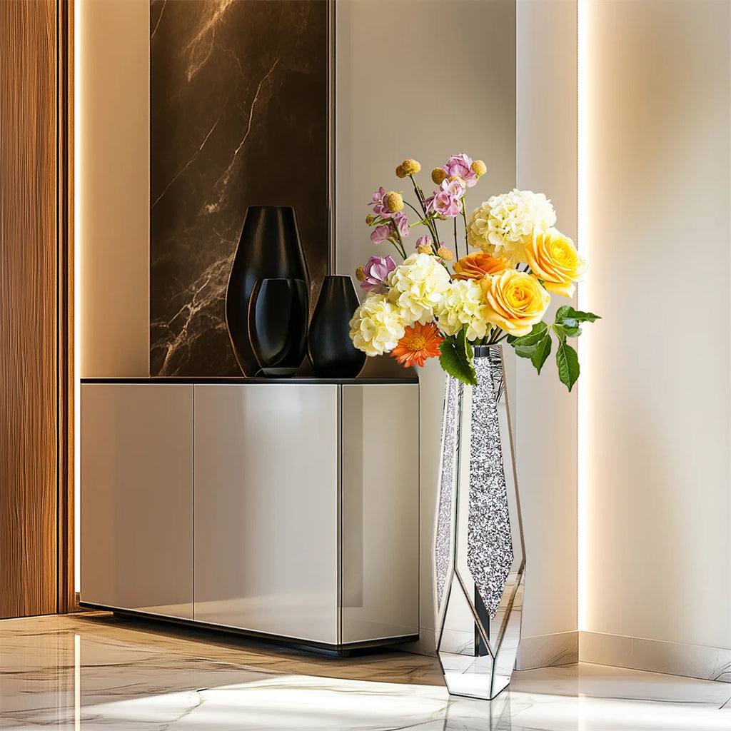 34” Tall Standing Flower Vase Crushed Diamond Mirrored Silver Glass Decorative Flower Vase Corner Vase for Home