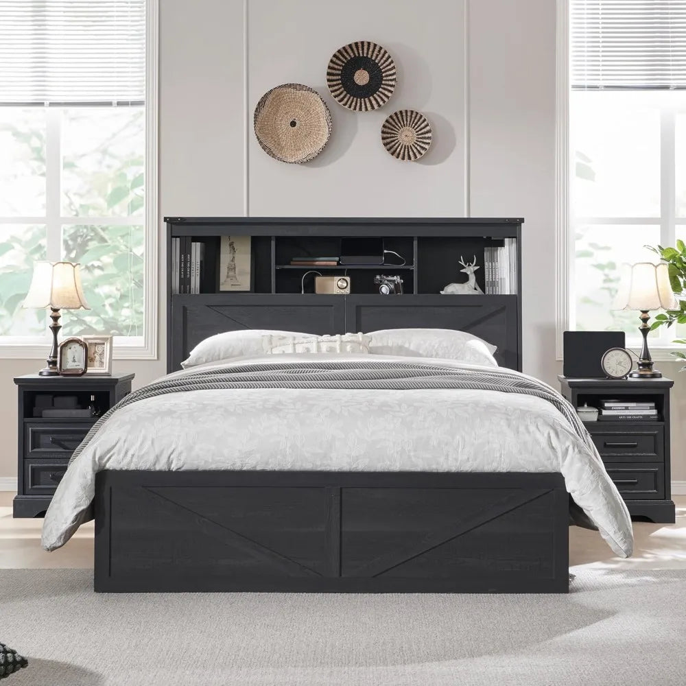 Queen Size Wood Bed Frame Farmhouse with 52" Tall Storage Bookcase Headboard, LED Light,Charging Station,4 Drawers and Solid Woo