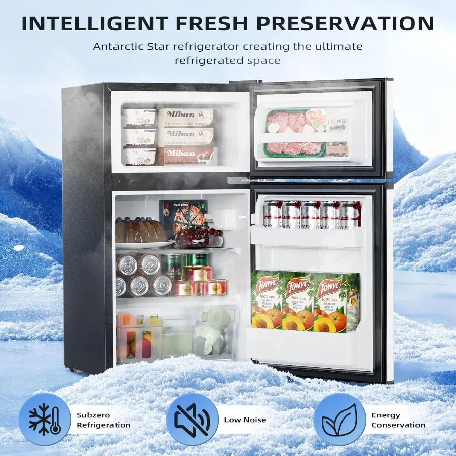 3.2 Cu.Ft Mini Refrigerator with Freezer Double Door Compact Fridge for Bedroom Office Dorm Kitchen - Adjustable Thermostat Sil