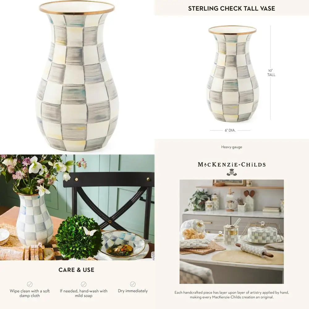 Elegant Tall Enamel Flower Vase, Living Room Decor, Gray & White Checkered Pattern