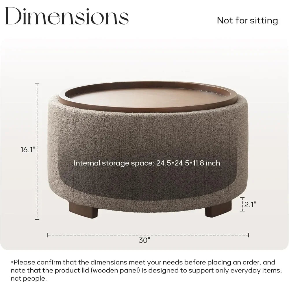 30 Inch Round Storage Ottoman Coffee Table, Modern Boucle Ottoman with Lift-Off Lid and Solid Wood Legs for Living ，Customized