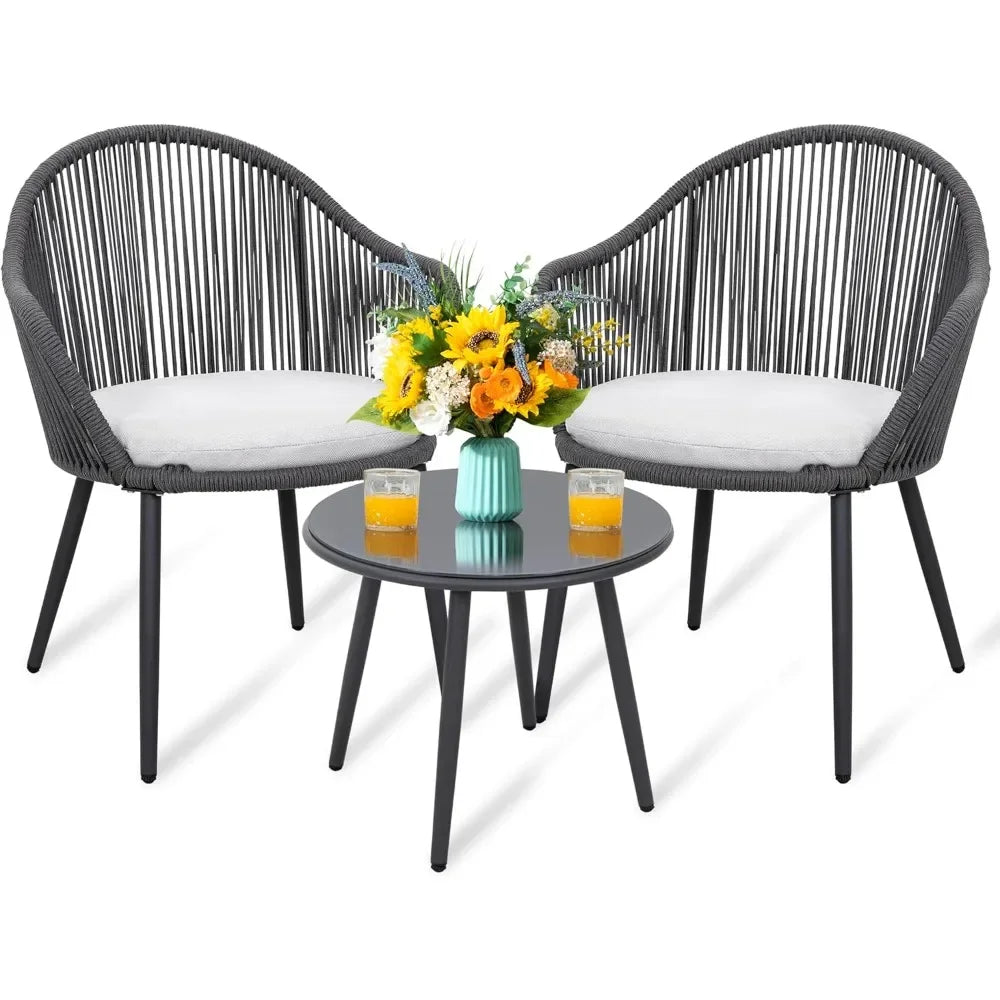 3 Piece Outdoor Bistro Set, Woven Rope Conversation Patio Set, All Weather Patio Furniture Chairs and Table with Cushions