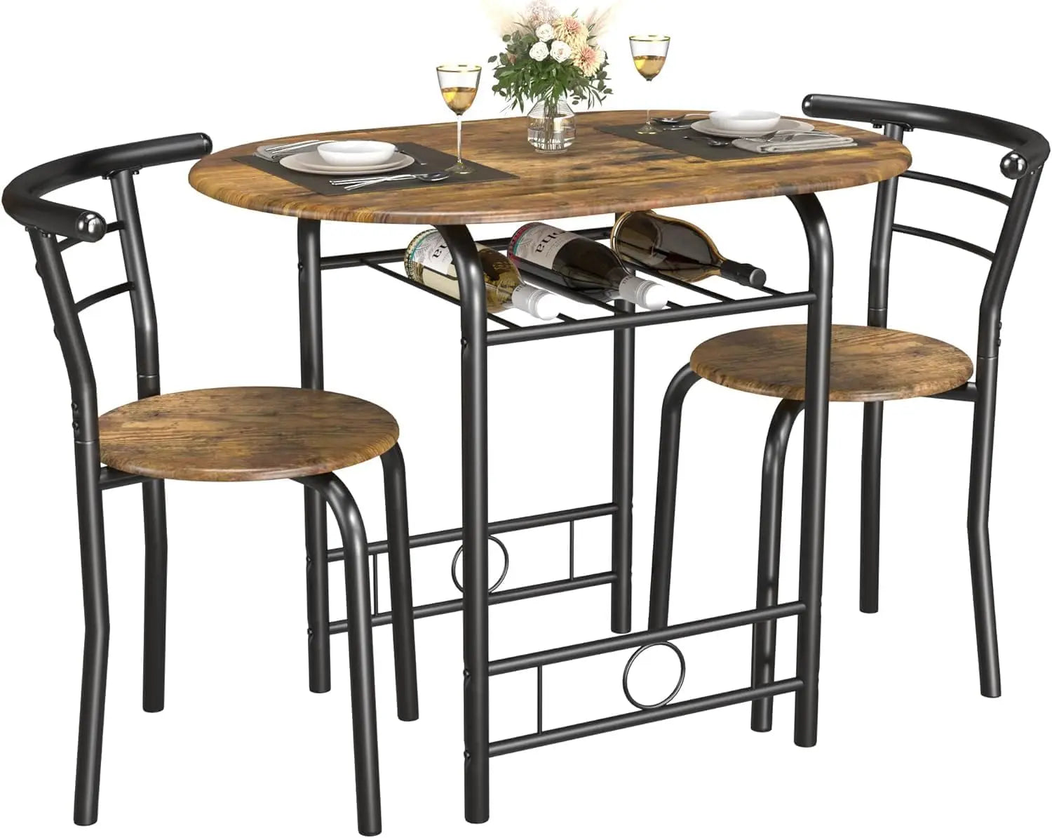 Wooden Round Table & Chair Set, Space Saving Kitchen Breakfast Nook Wood Grain Tabletop with Metal Frame