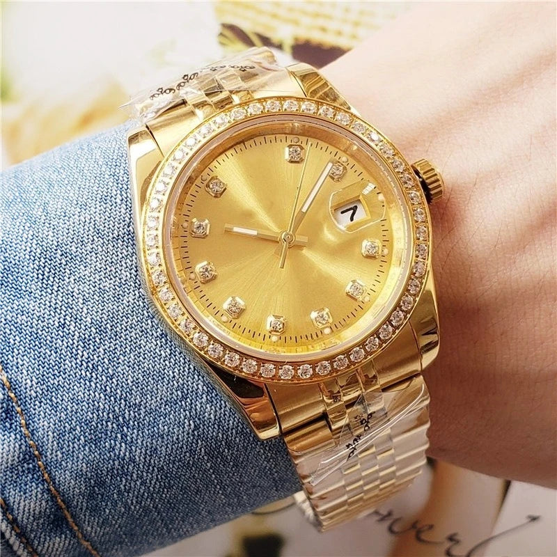 Luxury Gold Plated Mens Watch Full Diamond Bezel Automatic Mechanical Movement Multi Function All Steel Wristwatch Top Watch