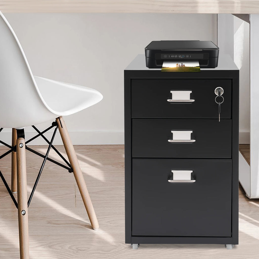 3-Layer Metal File Lock Cabinet With Wheels - Black for office school to store office supplies, folders, personal items
