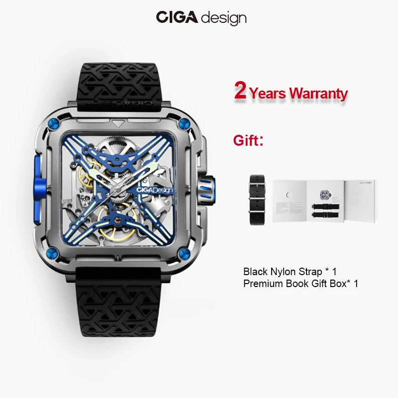 CIGA Design Mens Titanium Watch Automatic Movement 2025 X Series Fashion Luminous Skeleton Mechanical Wrist Watches Two Straps