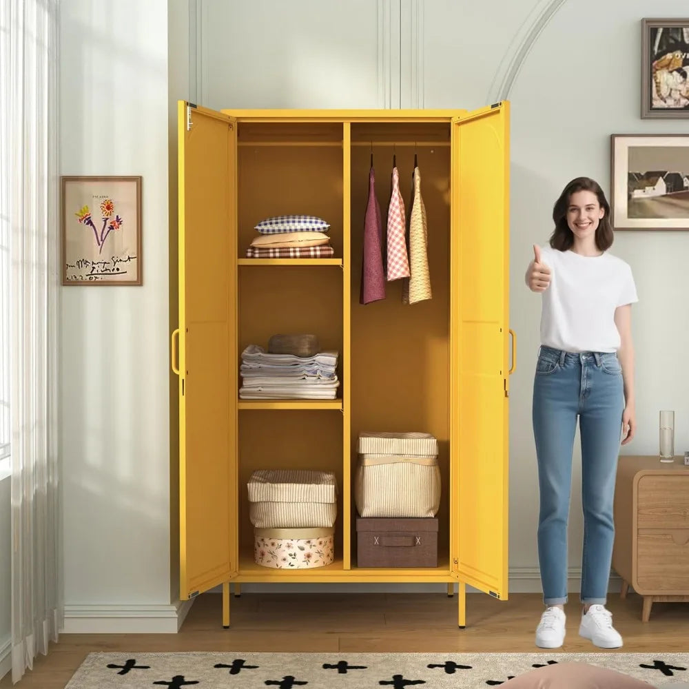 67 Inch Steel Lockable Wardrobe Cabinet with Hanging Rods, Adjustable Shelves for Home Storage