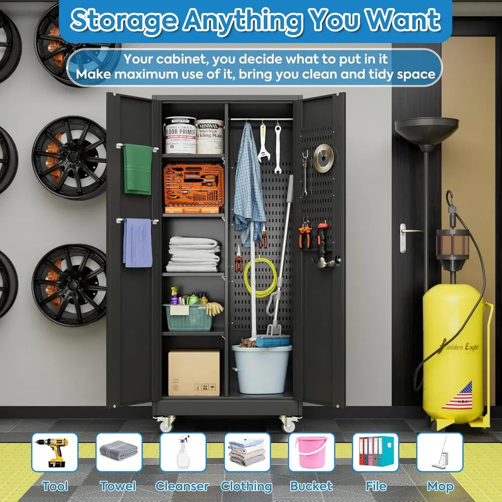 Black Rolling Garage Storage Cabinet with Adjustable Shelves and Lockable Metal Tool Cabinet, Including Pegboards Customized