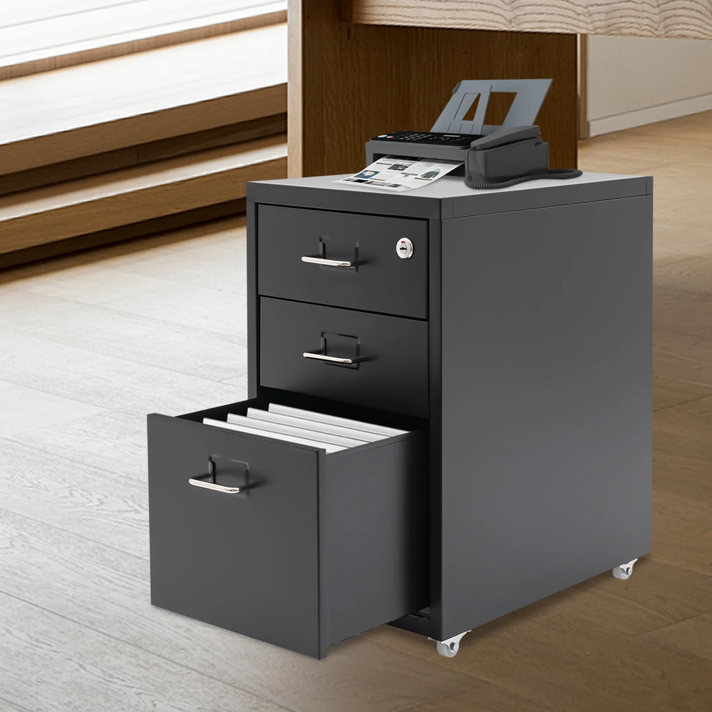 3 Tiers Rectangular Steel Vertical File Cabinet,Pink/White/Black Metal Mobile File Cabinet with Lock for Office,Study