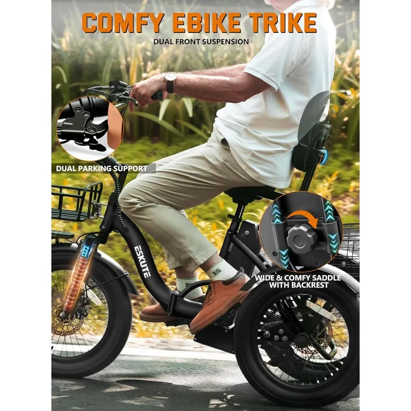 E Trike Electric Bike, Peak 1200W Brushless Motor Folding Trike 18X3.0 Fat Tire Ebike, 499Wh Removable Battery, Step-Thru
