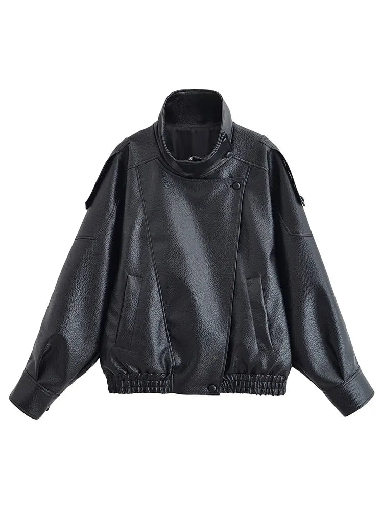 Autumn Faux Leather Jacket For Women Casual Solid Long Sleeve Zipper Pu Leather Coats New Fashion Female Streetwear