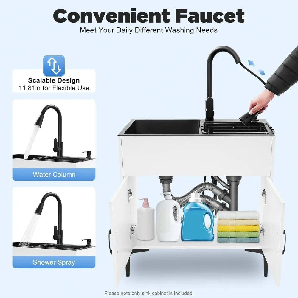 Stainless Steel 30 Laundry Sink Cabinet with Pull-Out Spray Faucet and Soap Dispenser