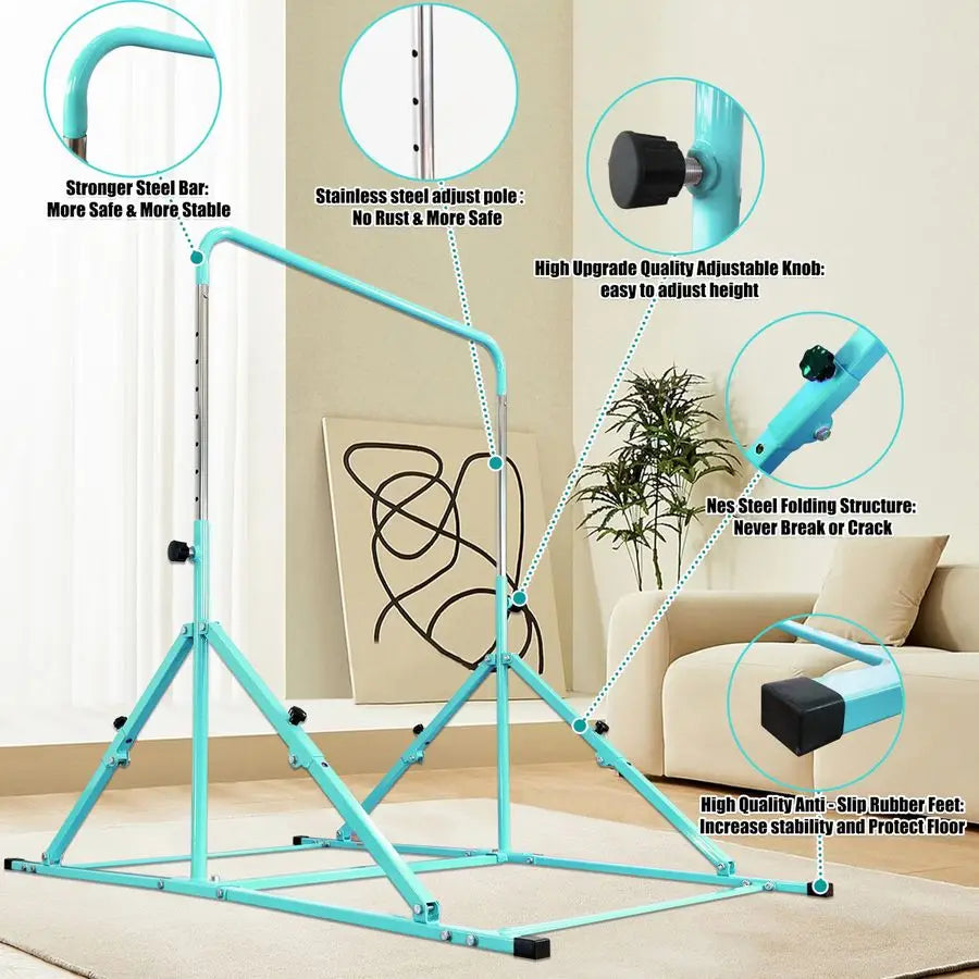 Foldable Gymnastic Bar for Kids Ages 312, 9 Height Levels, 200 lbs Weight Capacity, 5 Ft Length Gymnastic Kip Bar with Mat, Gymn
