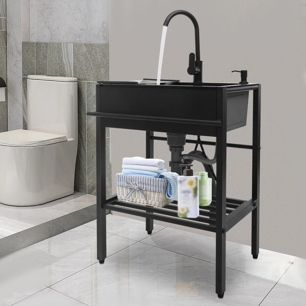60x45cm Freestanding Stainless Steel Sink with Black Faucet Soap Dispenser Utility Kitchen Laundry Sink