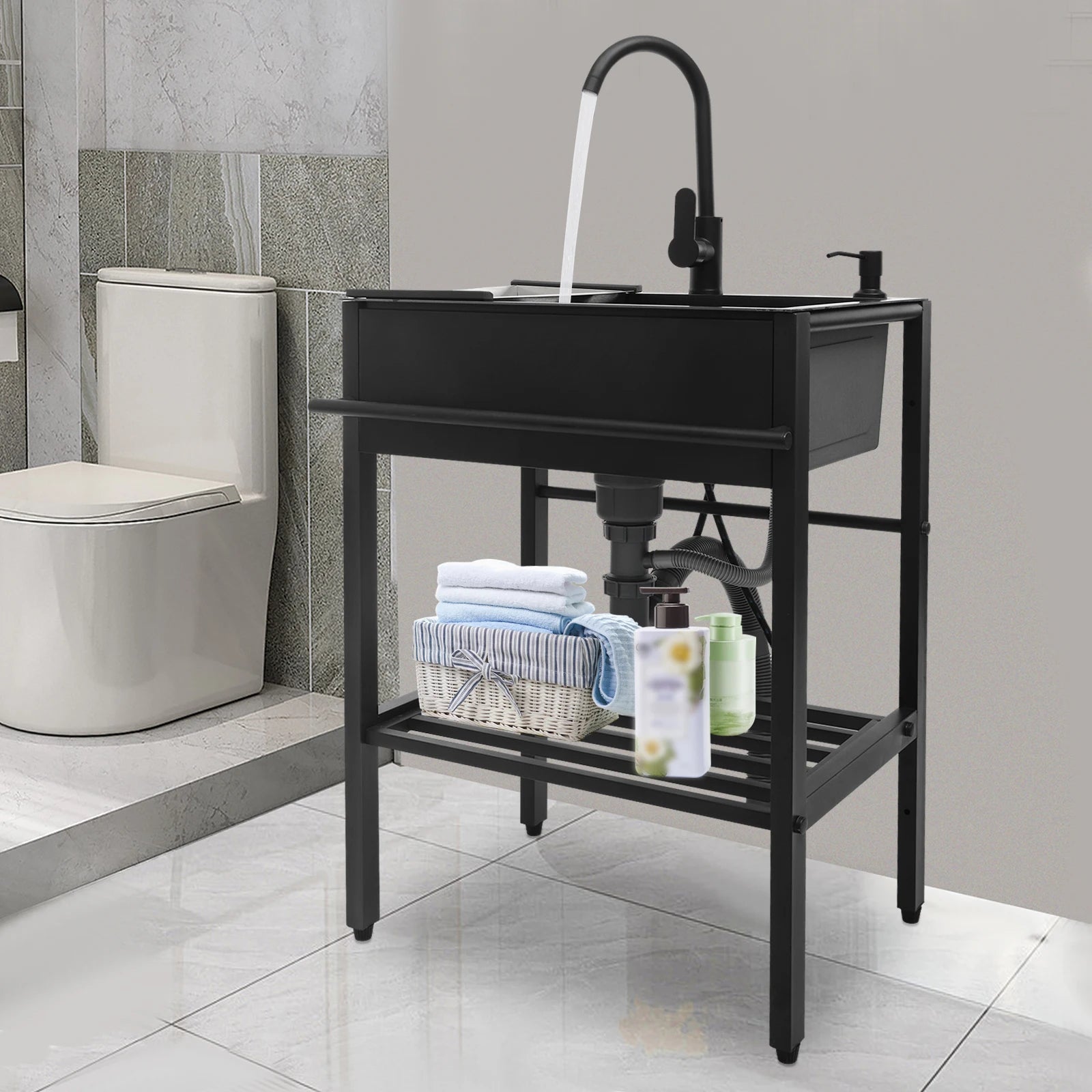 60x45cm Freestanding Stainless Steel Sink with Black Faucet Soap Dispenser Utility Kitchen Laundry Sink