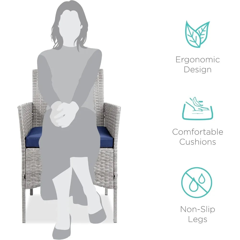 3-Piece Outdoor Wicker Conversation Bistro Set, Space Saving Patio Furniture for Garden w/Side Table - Gray/Navy