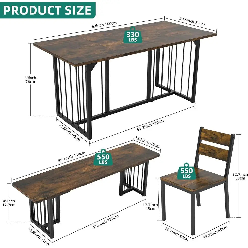 Farmhouse 6-8 Person Rectangular Dining Set, 63 Table with 4 Chairs & 2 Benches, Rustic Brown, Space-Saving for Kitchen