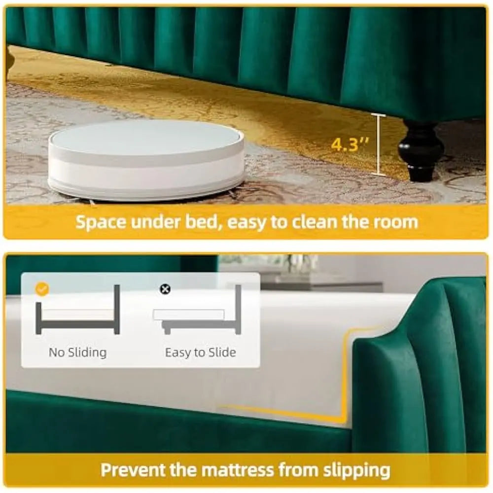 LED Queen Size Platform Bed Frame with 60" Tall Wingback Headboard and Footboard, Velvet Upholstered Bed, No Box Spring Needed