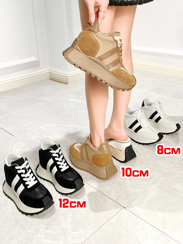 12cm Platform Shoes Women Height Increasing Sneaker Genuine Leather Sports Shoes 10cm Elevator Shoes Female German Army Trainer