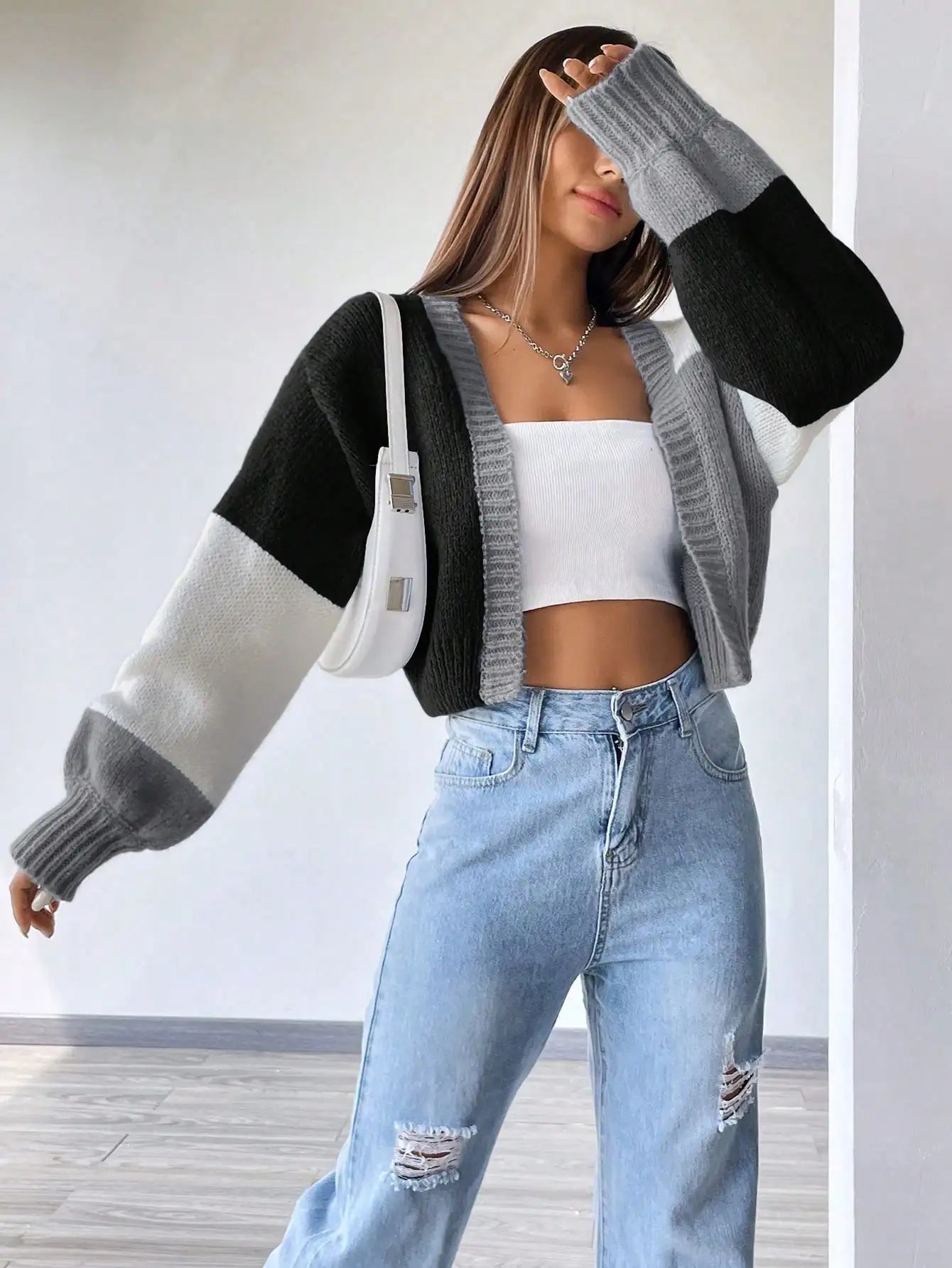 Color Block Drop Shoulder Knit Cardigan for Women, Long Sleeve Fall Winter Casual Top